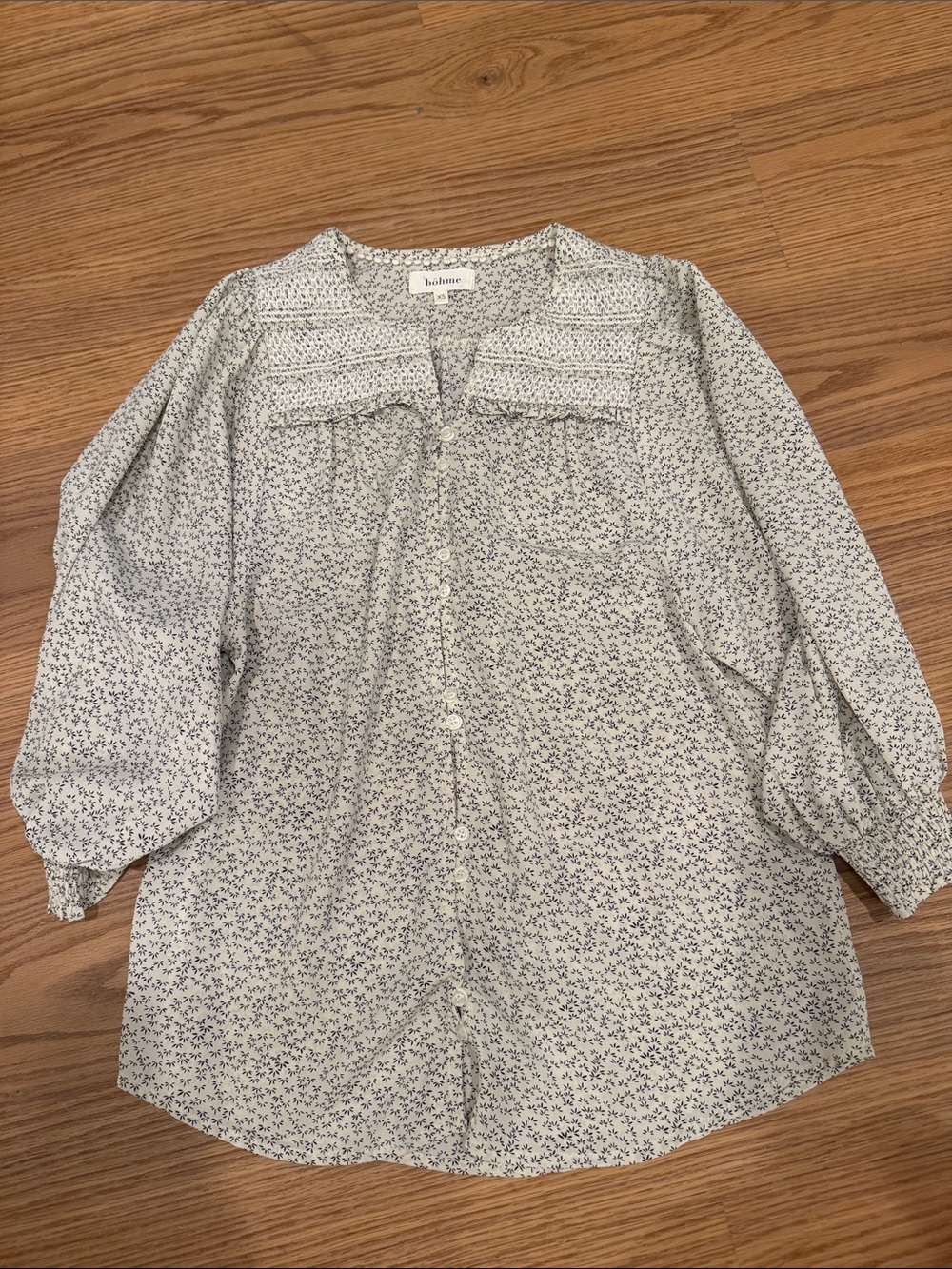 bohme white and black Floral Puff-Sleeve Button-Up Blouse